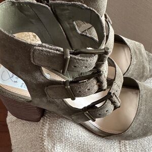 Vince Taupe Suede Buckle Sandals